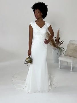 Alda Leigh Modest Beaded Crepe Fit And Flare Bridal Gown Rebecca